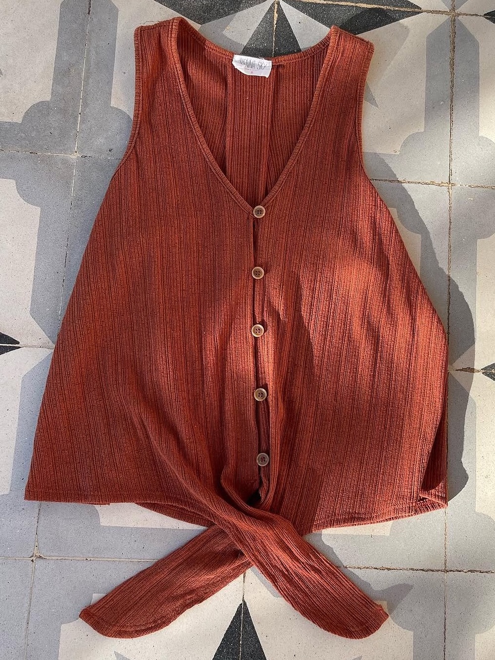 Sienna Sky Rust Ribbed Button-Front Tie Tank
